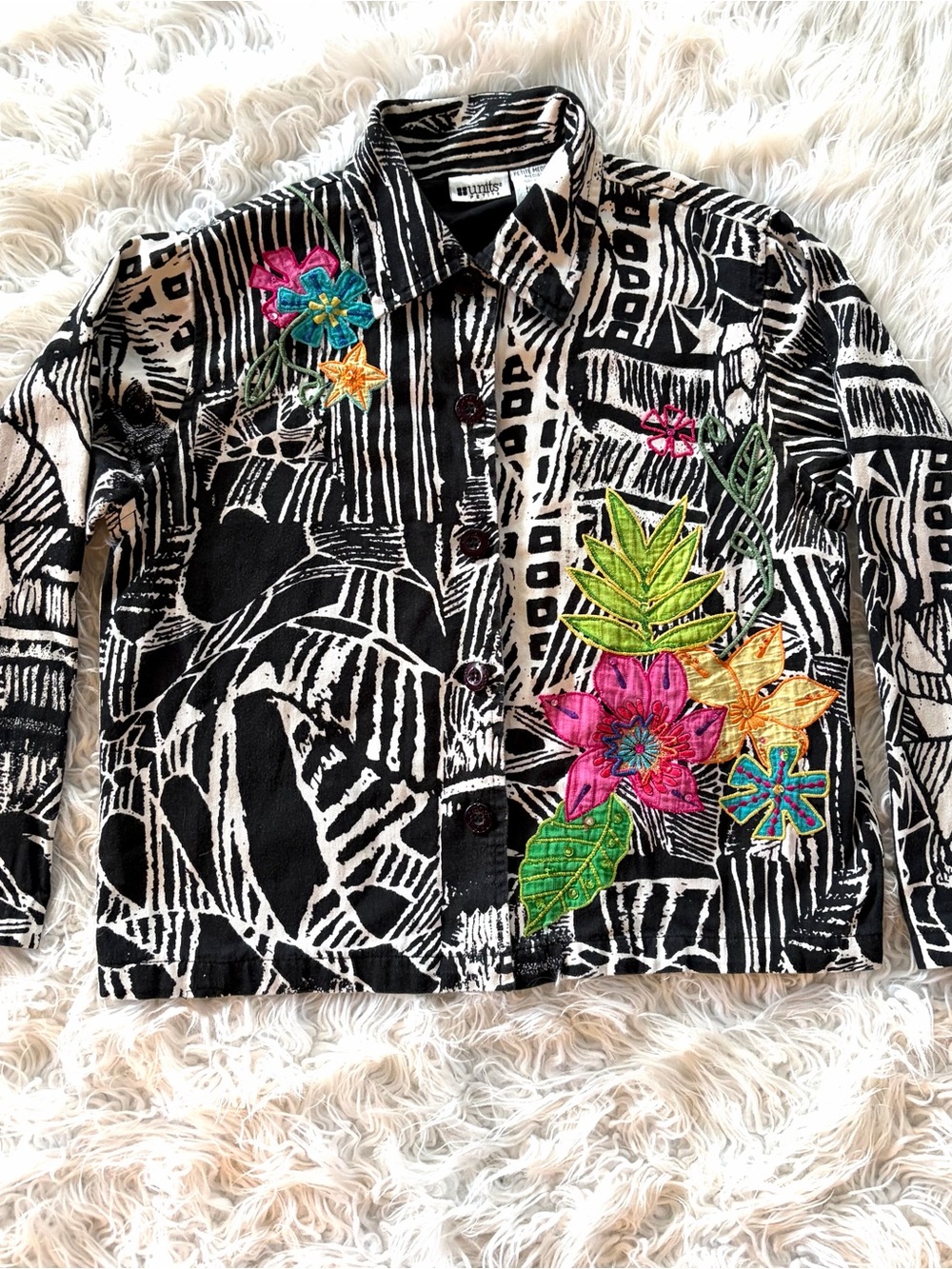 Vintage Units Denim Jacket Embroidered Floral Black White Graphic Abstract Art M